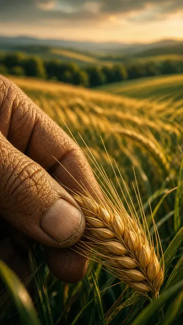 Abstract Form image example: Macro and Vista Dialogue of Farmer Hand Touching Wheat
