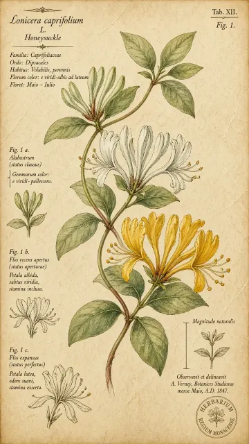 Honeysuckle Tri-Phase Botanical Illustration on Aged Parchment