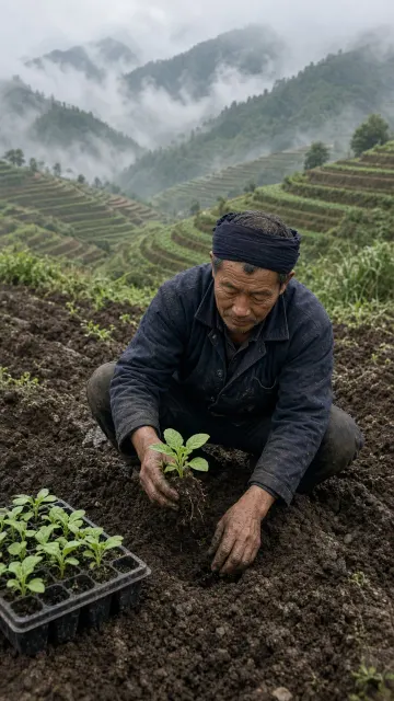 Mountain Landscape image example: Tobacco Seedling Transplanting in Guizhou Mountains