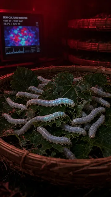 Low-Light image example: Silkworms Feeding on Mulberry Leaves in Infrared Low Light