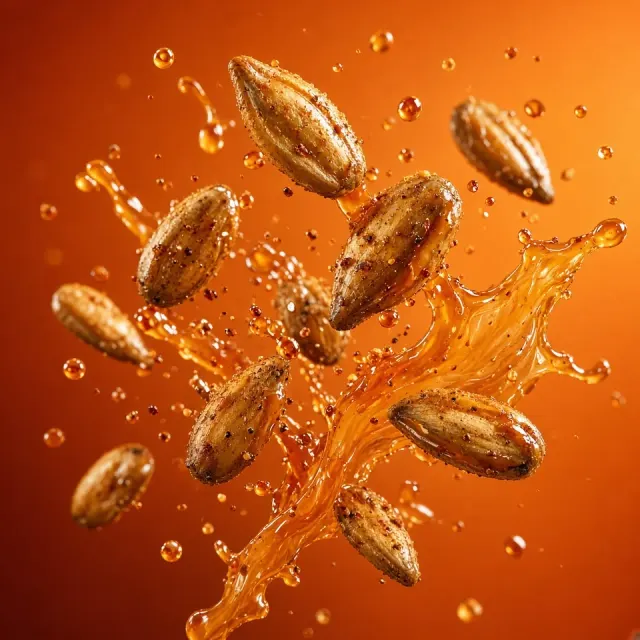 Amber Sauce image example: Sunflower Seeds with Splashing Amber Sauce Food Photography