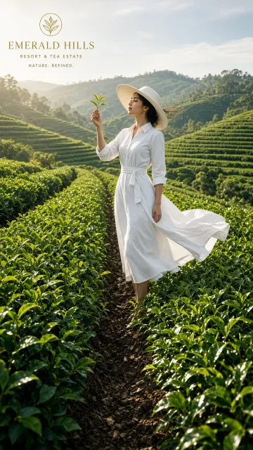 Urban Woman in Lush Green Tea Plantation Editorial Ad