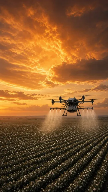 Aerial View of Agricultural Spraying Drone over Cotton Field