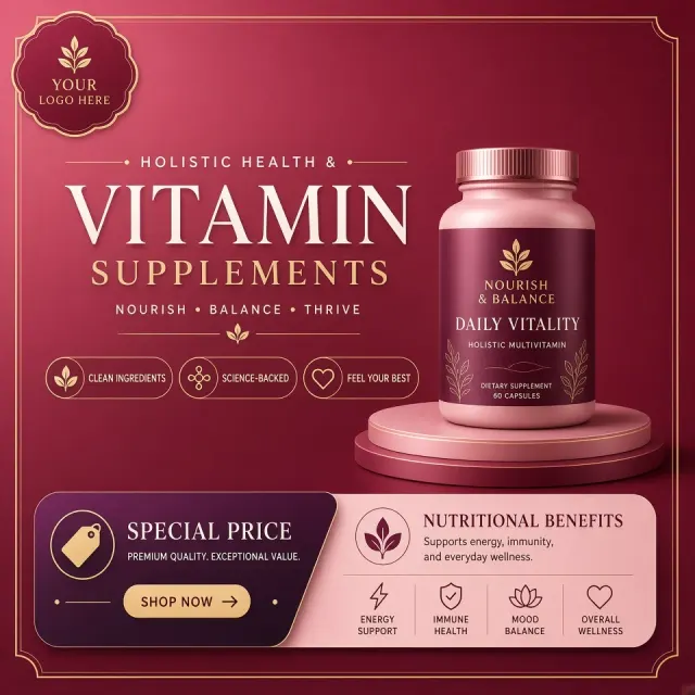 E-Commerce Banner image example: Red Gradient Health Supplement Promotional Banner Design