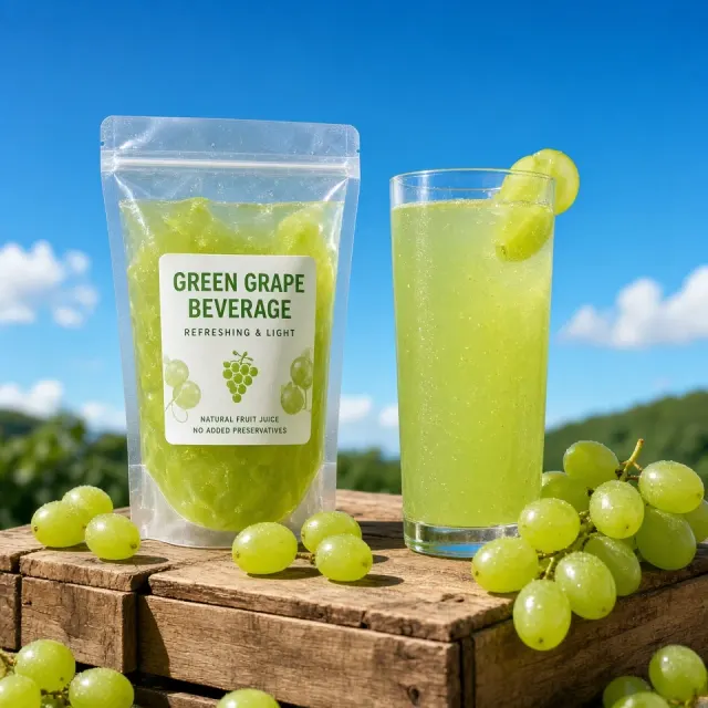 Green Grape Drink on Wooden Crate under Blue Sky
