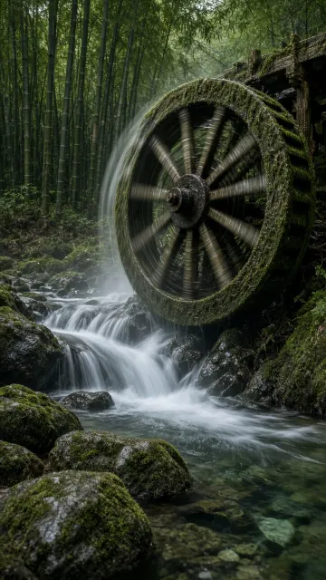Long Exposure Waterwheel Motion Blur in Bamboo Grove