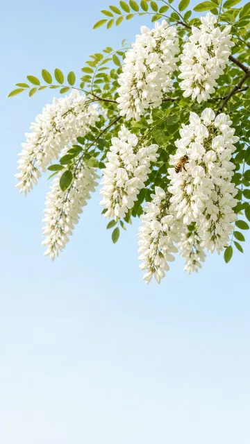 Botanical Field Guide image example: White Locust Blossoms and Honeybee Spring Bloom