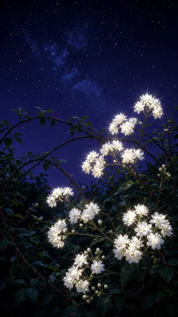 Night Blooming Lady Banks Rose Under Starry Sky