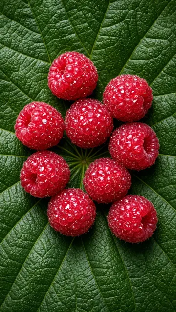 Macro Top Down Wild Raspberries on Mulberry Leaf