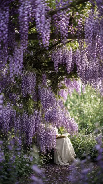 Landscape Photography image example: Reading Under Cascading Wisteria Canopy Landscape