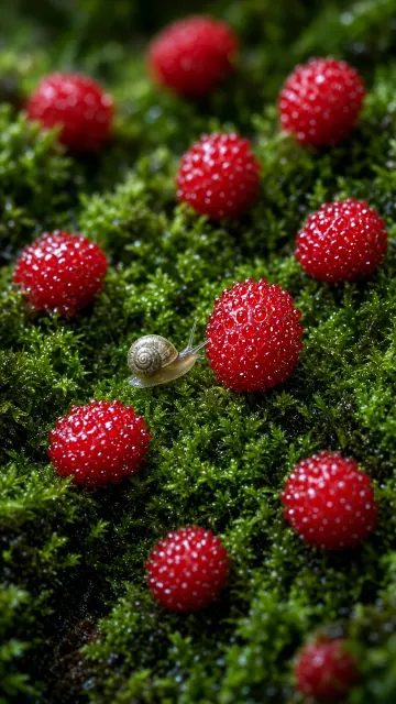 Fairy Tale Macro of Mock Strawberries Moss and Snail