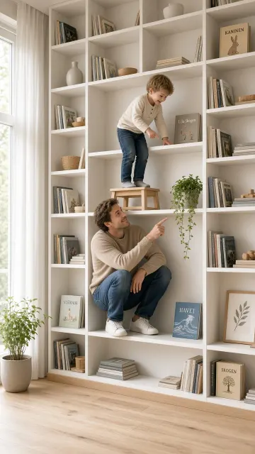 Father and Son image example: Father and Child Framed in White Bookshelf Grid