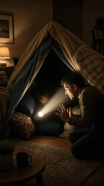 Father and Child image example: Living Room Sofa Blanket Fort Triangle