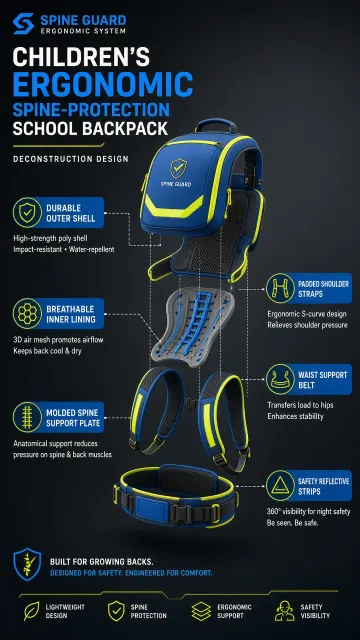 Exploded View image example: Levitating Exploded View of Kids Ergonomic Backpack