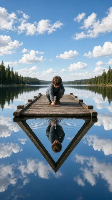 Symmetrical Reflection of a Child Touching Water on a Wooden Pier