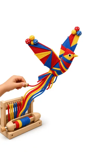 Textile Art image example: Memphis Style Rainbow Loom Geometric Bird