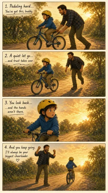 Storytelling image example: Four Panel Storyboard of Learning to Ride a Bicycle