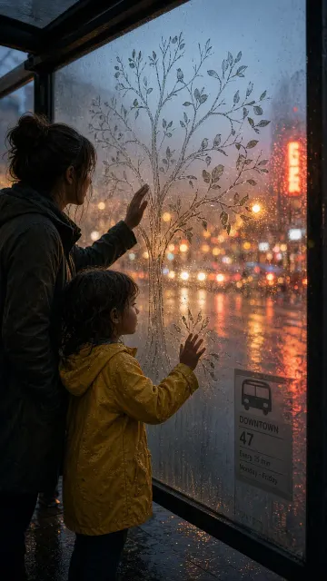 Rainy Day image example: Rainy Bus Stop Steamy Glass Finger Painting