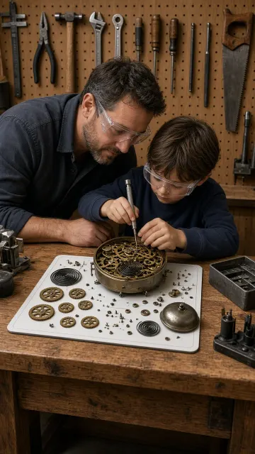 Father and Child Disassembling a Vintage Clock