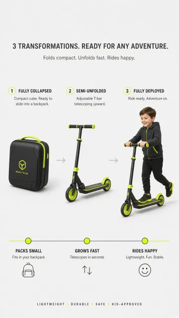 Neon Accents image example: Three-Stage Folding Kids Scooter Functional Display