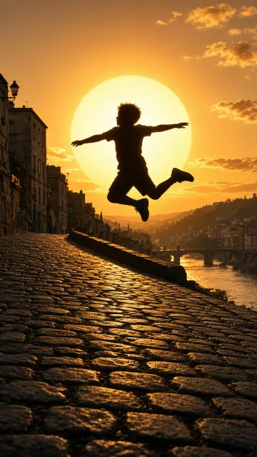 Silhouette Leaping into Sunset on Old Town Slope