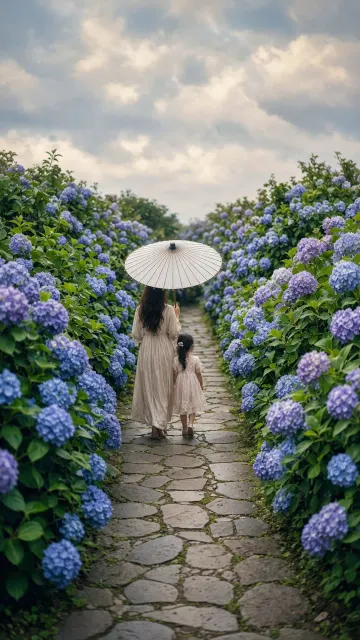 Mother and Child on Hydrangea Lane with Paper Parasol