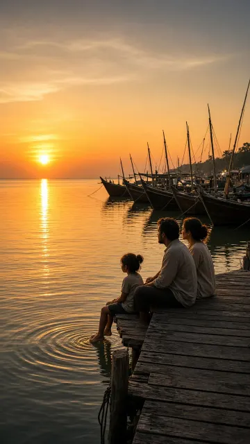 Evening Harbor Dock with Family at Sunset