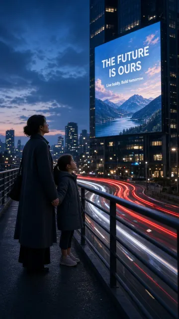 Mother and Child Beneath City Traffic Light Trails