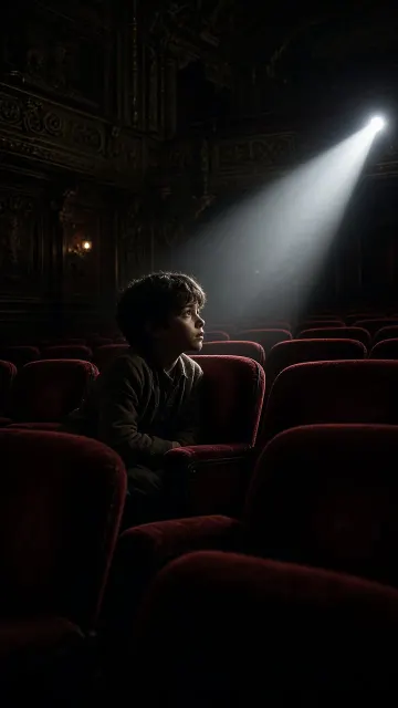 Cinematic Atmosphere image example: Child in Spotlight at Dark Vintage Theater