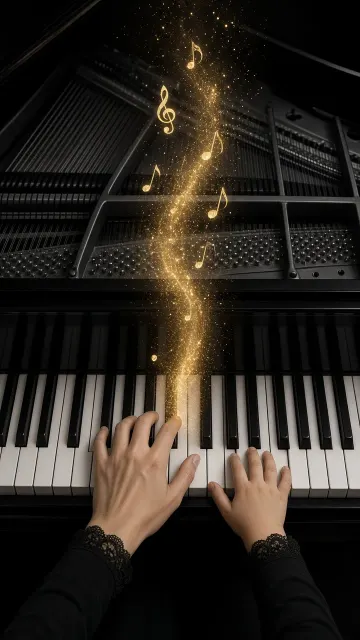 Golden Glow image example: Visualized Golden Musical Notes on Piano Keys