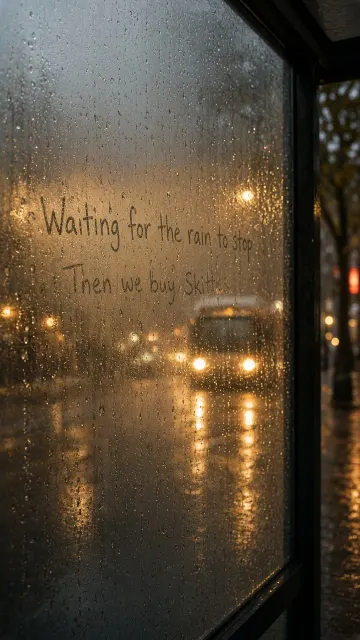 City Bokeh image example: Foggy Bus Shelter Glass Handwritten Verse