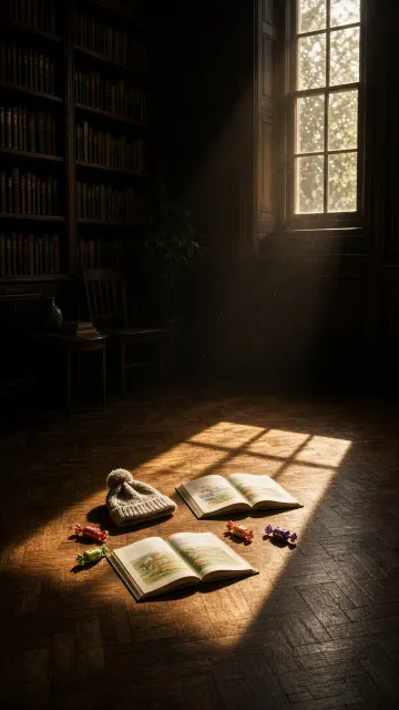 Interior image example: Sunlit Library Floor Still Life of Companionship