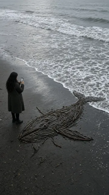 Low Tide Sand Drawn Whale Erased by Waves