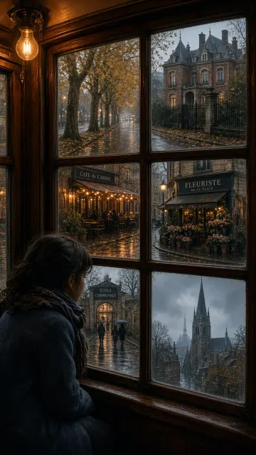 Glass image example: Vintage Tram Six-Pane Window Cityscape