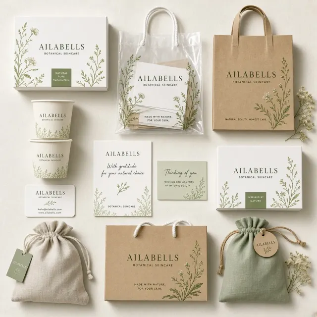 Branding Identity image example: Botanical Skincare Brand Full Stationery Flat Lay