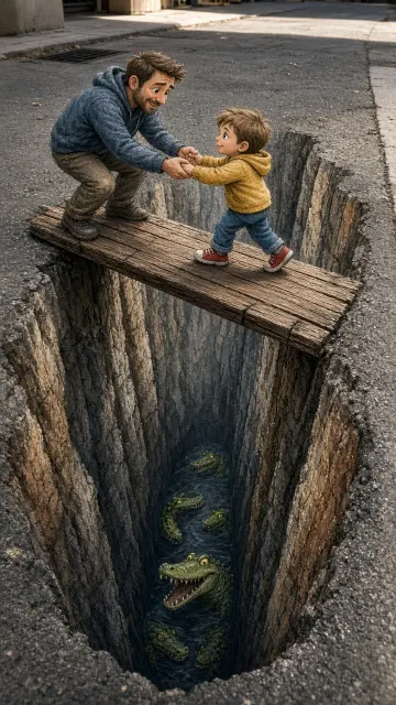 Father and Child image example: 3D Street Chalk Art Father and Child Chasm Bridge