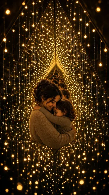 Art Installation image example: Infinity Mirror Chamber Embracing Mother and Child