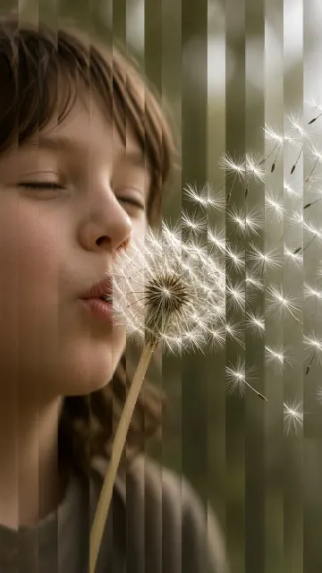 Motion Study image example: Slit-Scan Chronophotography of Child Blowing Dandelion