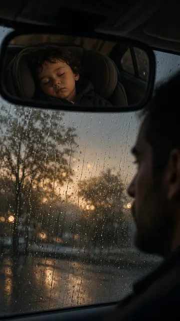 Rearview Mirror Reflection of Sleeping Child and Father
