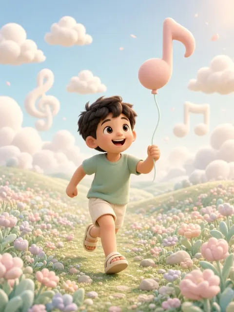 Joyful Boy Running with Musical Note Balloon 3D Render