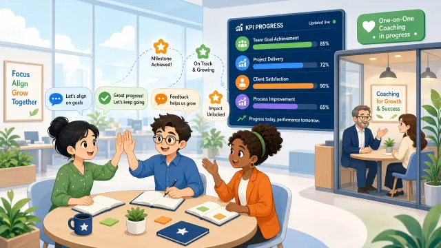 Office Scene image example: Performance Management Workshop Cover Cartoon Illustration