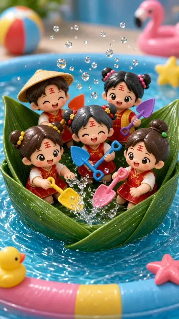 Dragon Boat Festival image example: Chibi Doll Dragon Boat Festival Water Play 3D Render