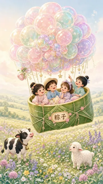 Hot Air Balloon image example: Macaron Tone Bamboo Rice Dumpling Hot Air Balloon Illustration