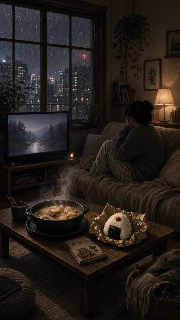 Moody image example: Rainy Night Cozy Bedroom Streaming and Zongzi Illustration