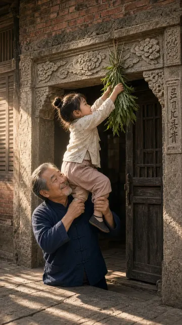 Candid Photography image example: Shikumen Grandfather and Child Hanging Mugwort Photography