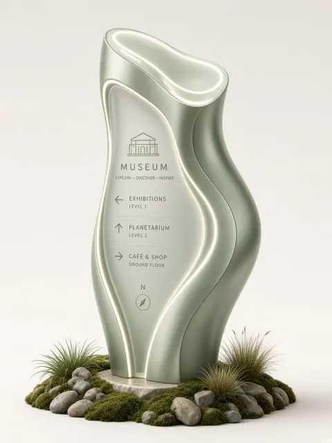 Botany image example: Futuristic Museum Outdoor Wayfinding Totem