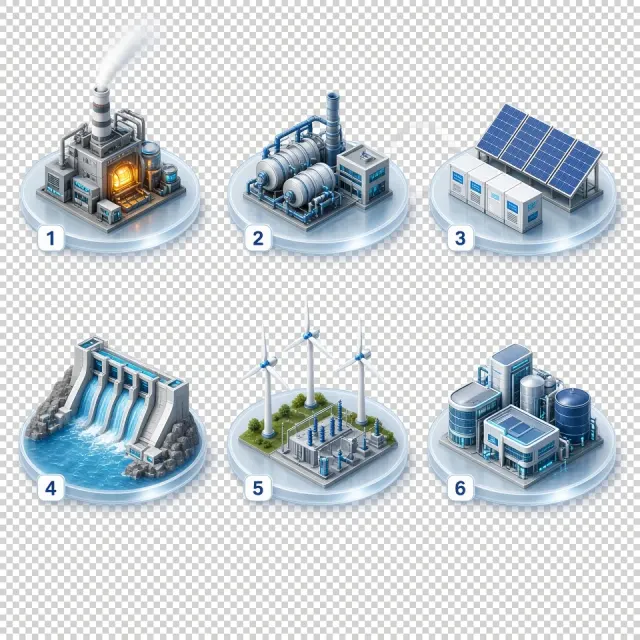 Tech Aesthetic image example: Clean Energy Power Stations 2.5D Icon Set