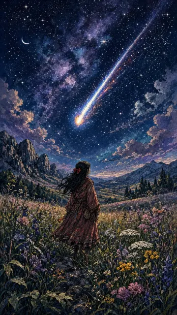 Cosmic Starlight image example: Girl Gazing at Night Sky Celestial Illustration