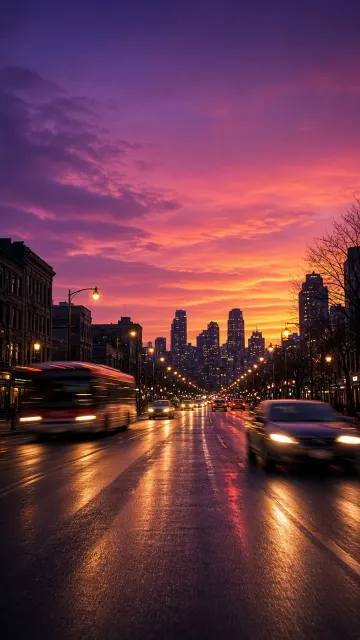 Dusk City Street with Gradient Sunset Glow