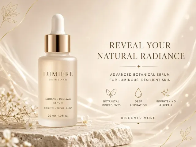 Beauty & Cosmetics image example: Skincare Product Banner with Luminous Floating Particles